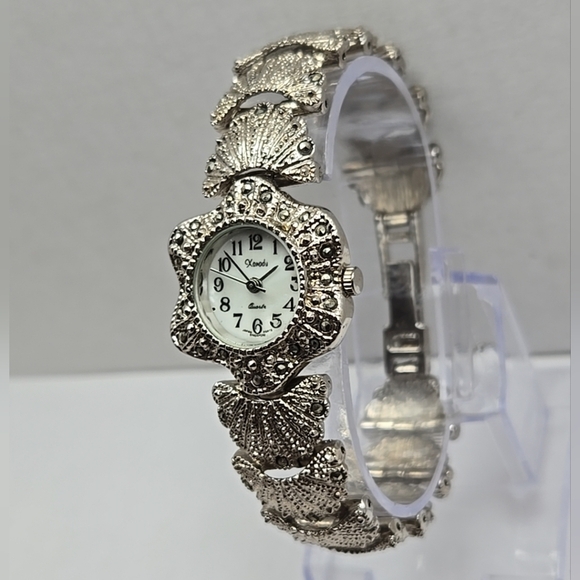 Vintage Xanadu Marcasite Watch Silver Tone Shells Flapper Bracelet New Battery - Picture 2 of 9